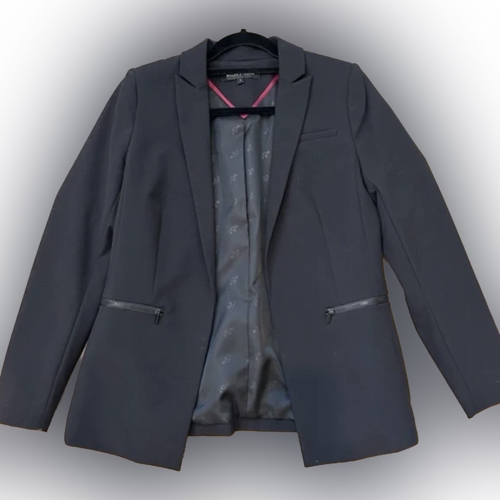 Willow & Thread Black Open Blazer Zip Pockets Lined Suit Jacket Size 12